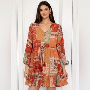 Women Rust Orange & Musturd Yellow Bohemian Patchwork Puff Sleeves Size S Dress